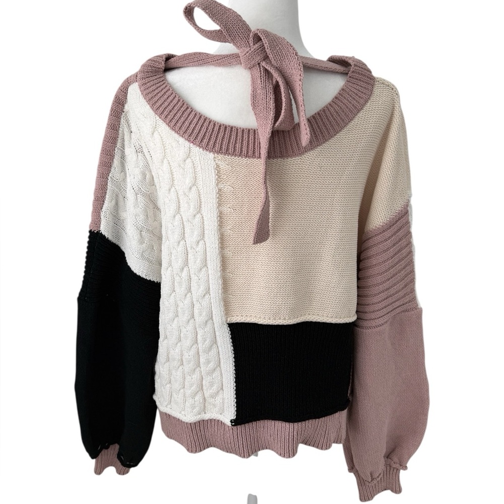 Pol Patchwork Colorblock Knit Sweater Cable Knit … - image 4